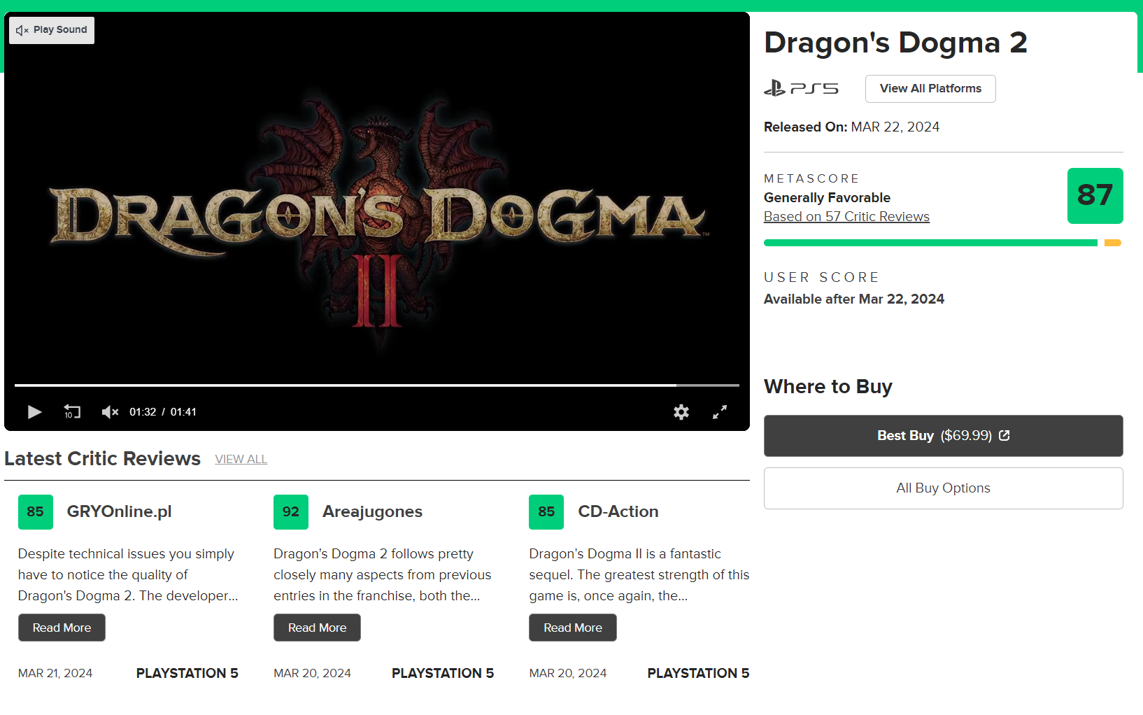 Dragon's Dogma 2 nhận được các đánh giá rất xuất sắc và là ứng cử viên game của năm