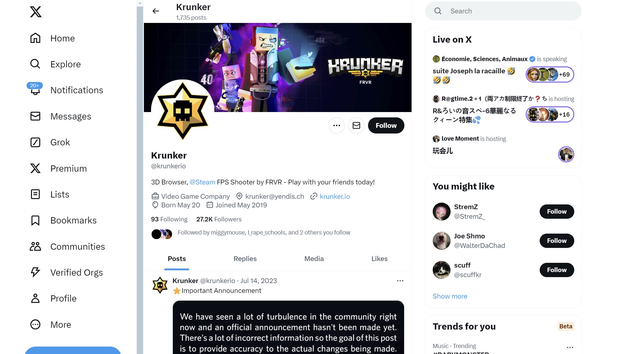 Bài viết mới nhất của kênh Twitter/X chính thức của game Krunker là vào tháng 7/2023