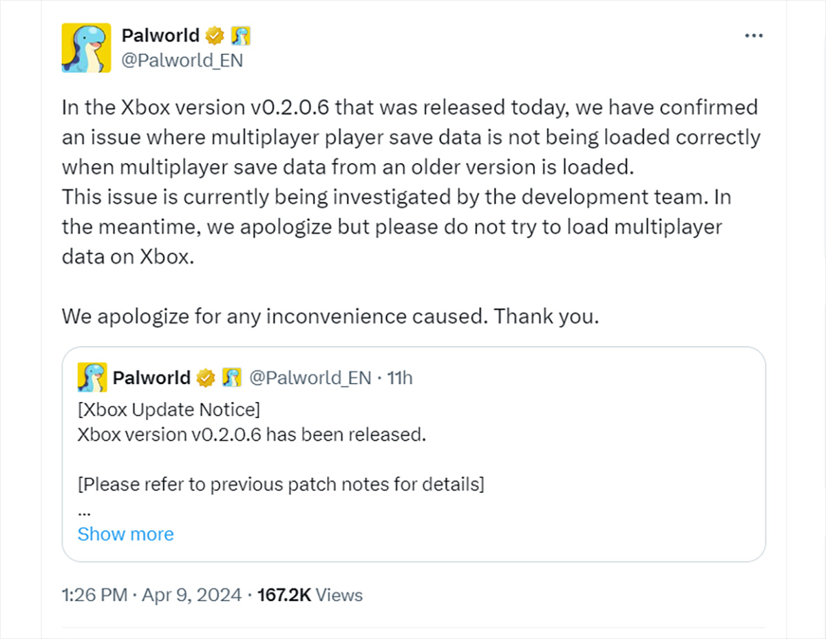 Đến lượt cập nhật Palworld trên Xbox gặp lỗi nghiêm trọng