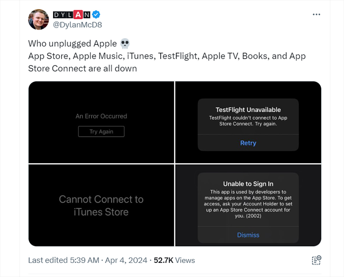 Hàng loạt dịch vụ của Apple bị rớt mạng, kể cả cửa hàng game Apple Store