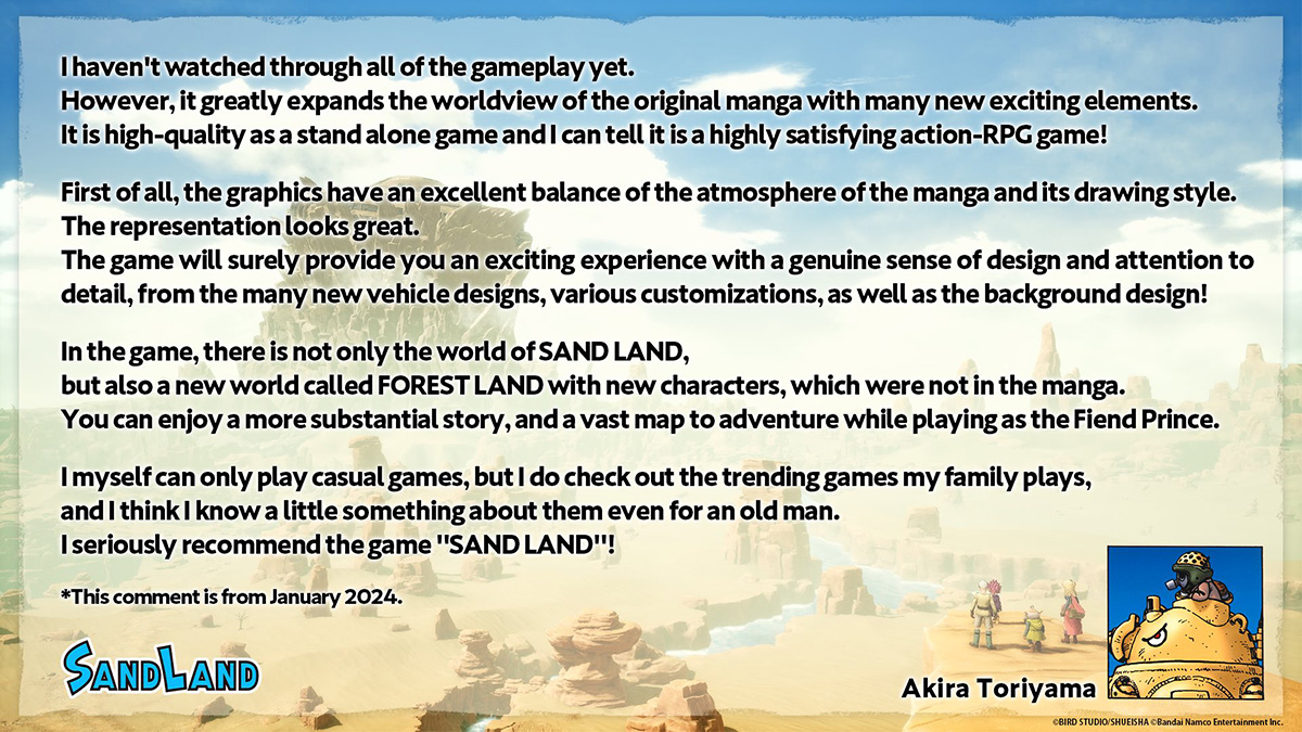 Sand Land dẫn lại lời khen của cố tác giả Akira Toriyama trước khi qua đời