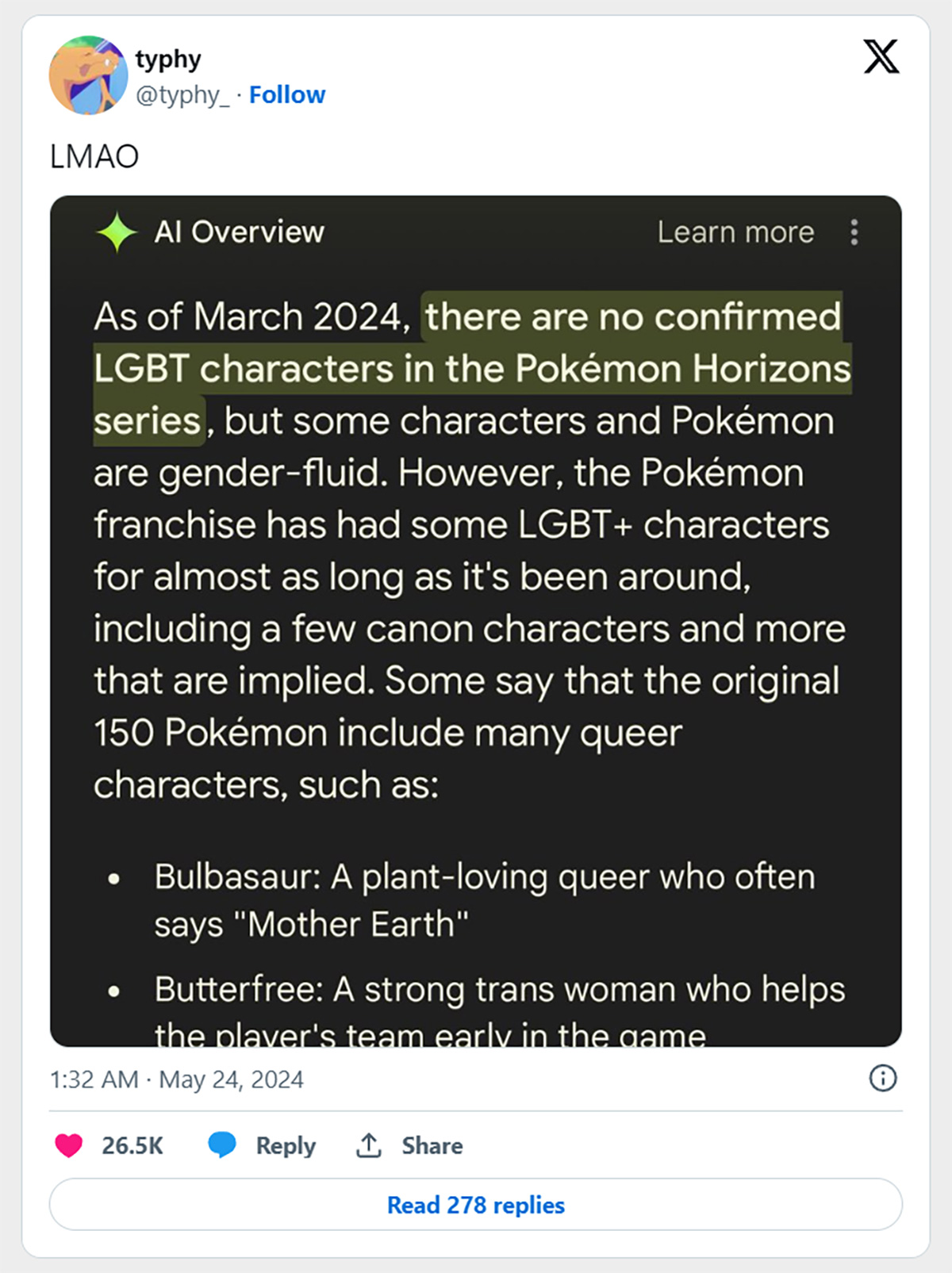 AI Overview của Google nhầm lẫn nhiều Pokemon thành LGBT