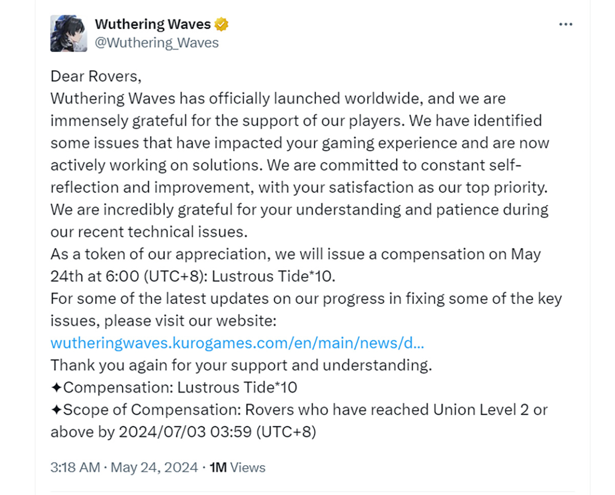 Kuro Games lên tiếng xin lỗi vì chuỗi bất ổn trong ngày đầu phát hành Wuthering Waves