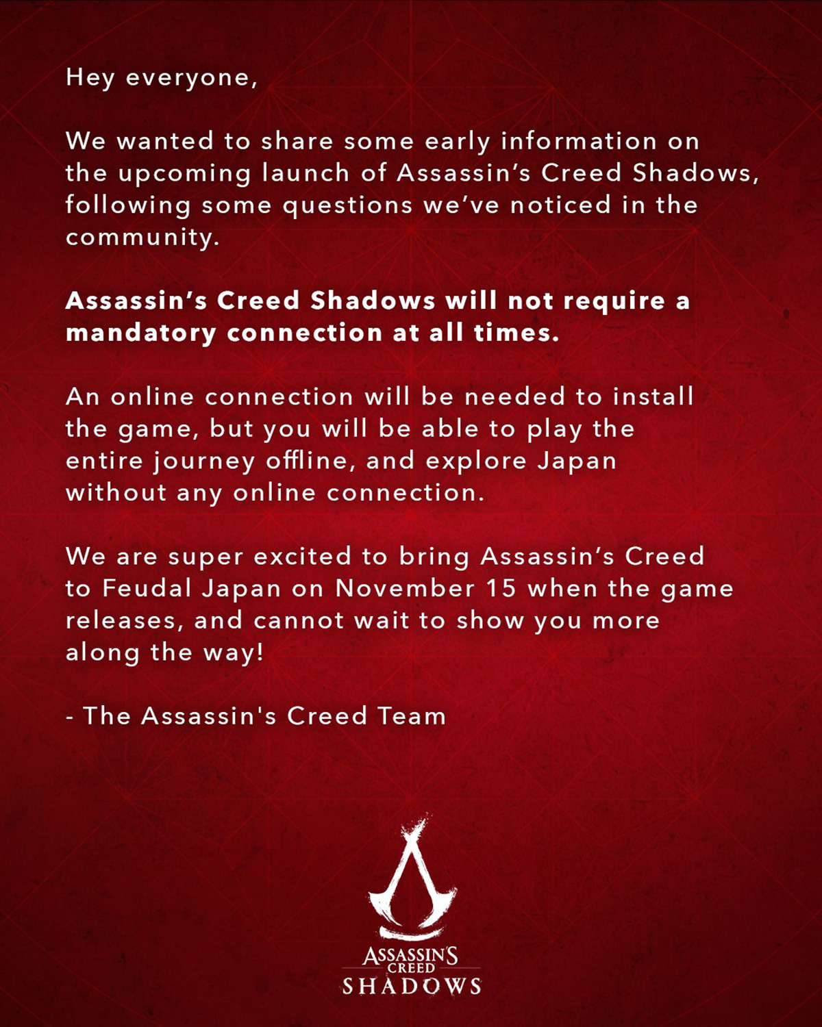 Ubisoft đính chính về yêu cầu kết nối Internet với Assassin's Creed Shadows