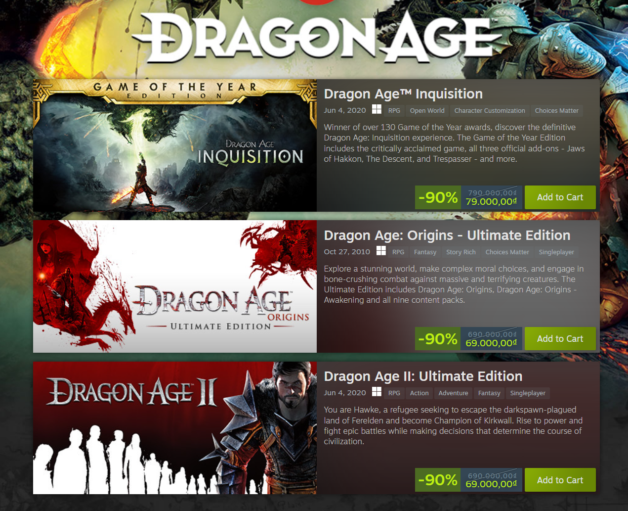 Dòng game Dragon Age đang được giảm giá đến 90% trên Steam