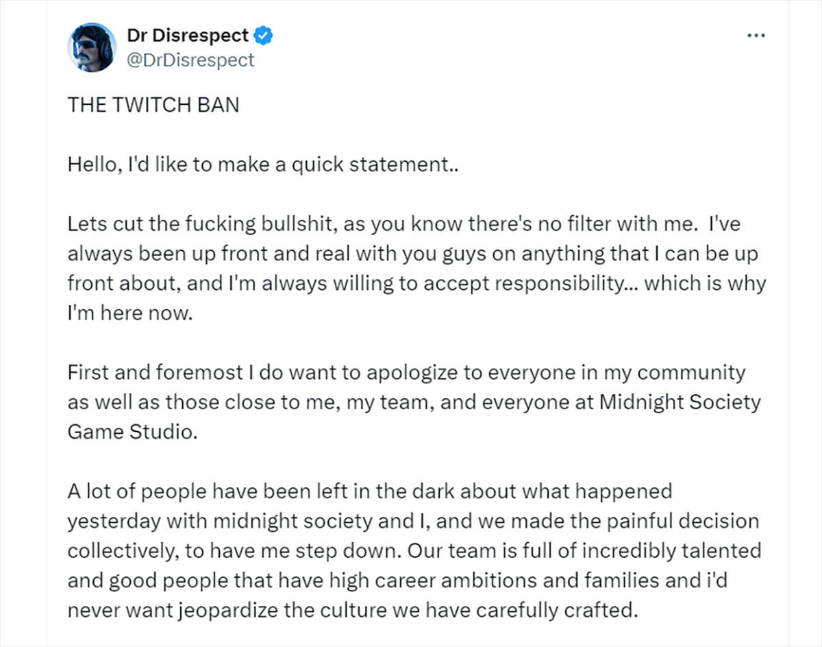 Dr Disrespect xác nhận có chat với trẻ vị thành niên trên Twitch nhưng không có ý xấu