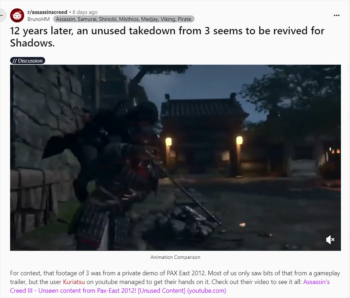 Assassin's Creed Shadows bị phát hiện tái sử dụng một động tác ám sát từ phần 3