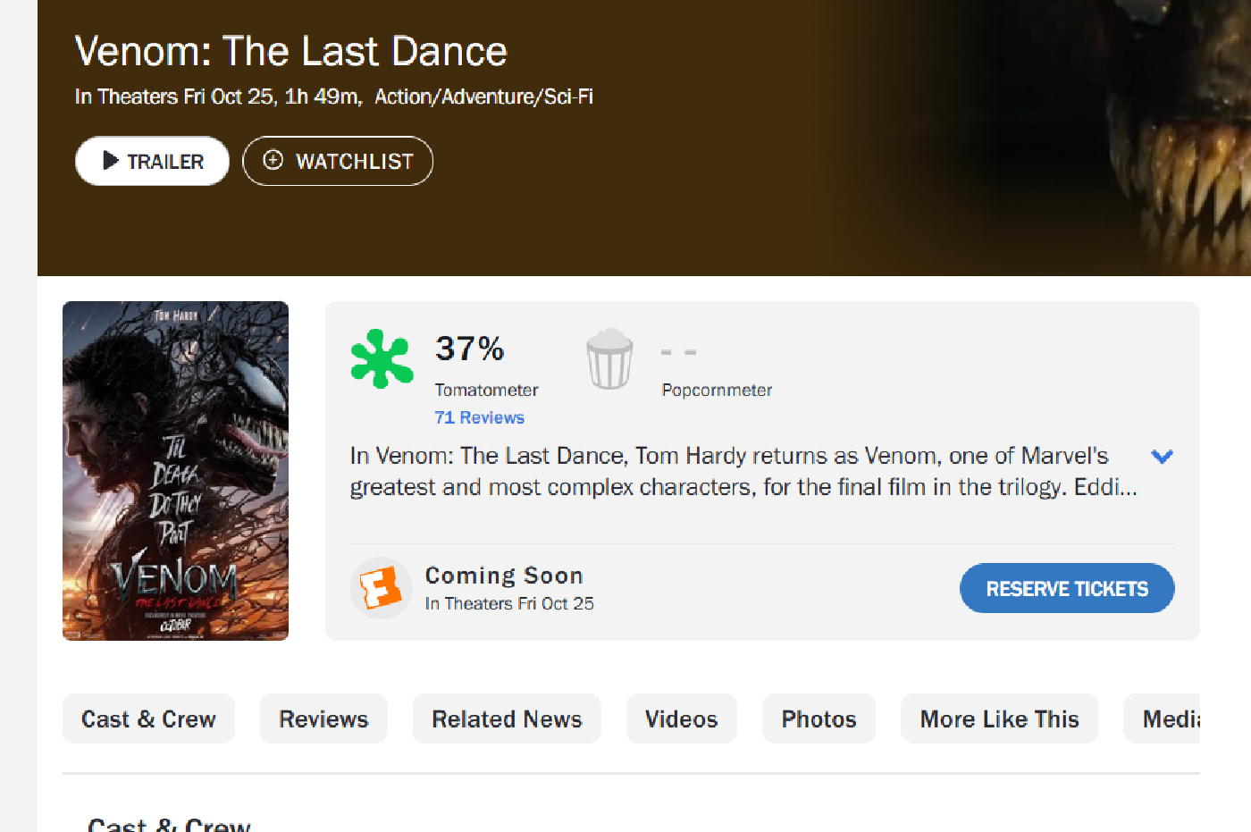 Venom: The Last Dance bị đánh giá tiêu cực như 2 phần trước